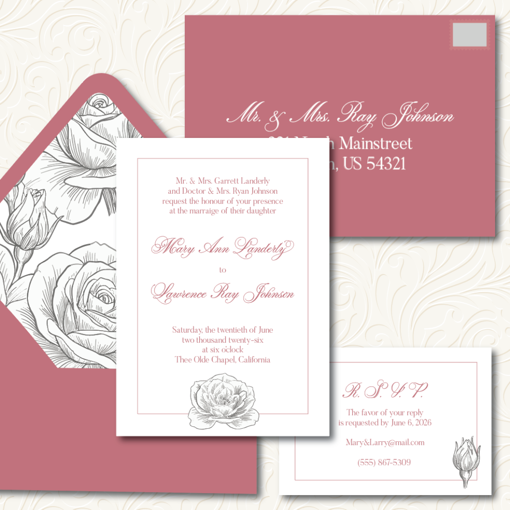 Wedding Invitation Suite (or set), Pink Envelope with Rose Envelope Liner, White Wedding Invitation & RSVP with Design, Merged & Printed Envelope