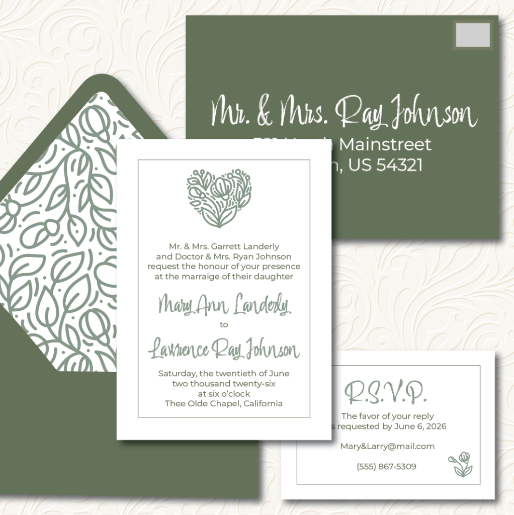 Wedding Invitation Suite (or set), Green Envelope with Heart Drawing Envelope Liner, White Wedding Invitation & RSVP with Design, Merged & Printed Envelope