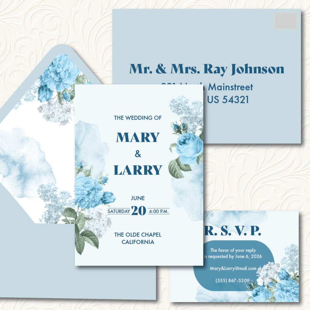 Wedding Invitation Suite (or set), Blue Envelope with Flower Envelope Liner, Blue Floral Wedding Invitation & RSVP with Design, Merged & Printed Envelope