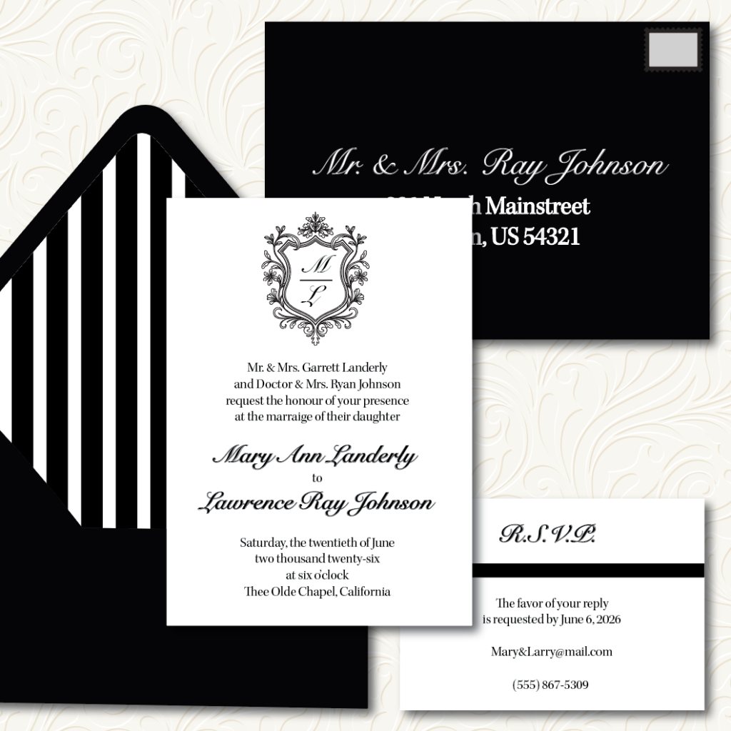 Wedding Invitation Suite (or set), Black Envelope with Striped Envelope Liner, White Wedding Invitation & RSVP with Design, Merged & Printed Envelope