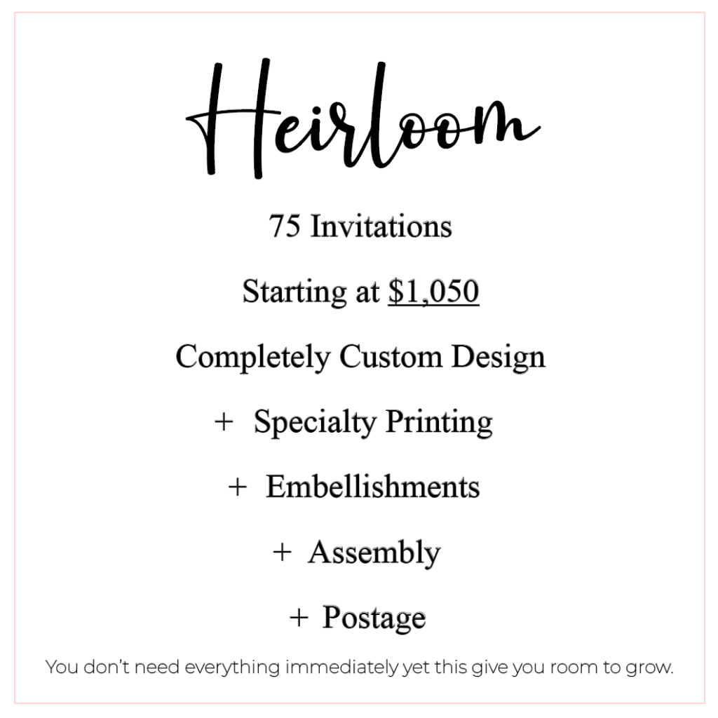 Heirloom 75 Invitations Starting at $1,050 Completely Custom Design  + specialty printing  + production + embellishments + assembly + postage